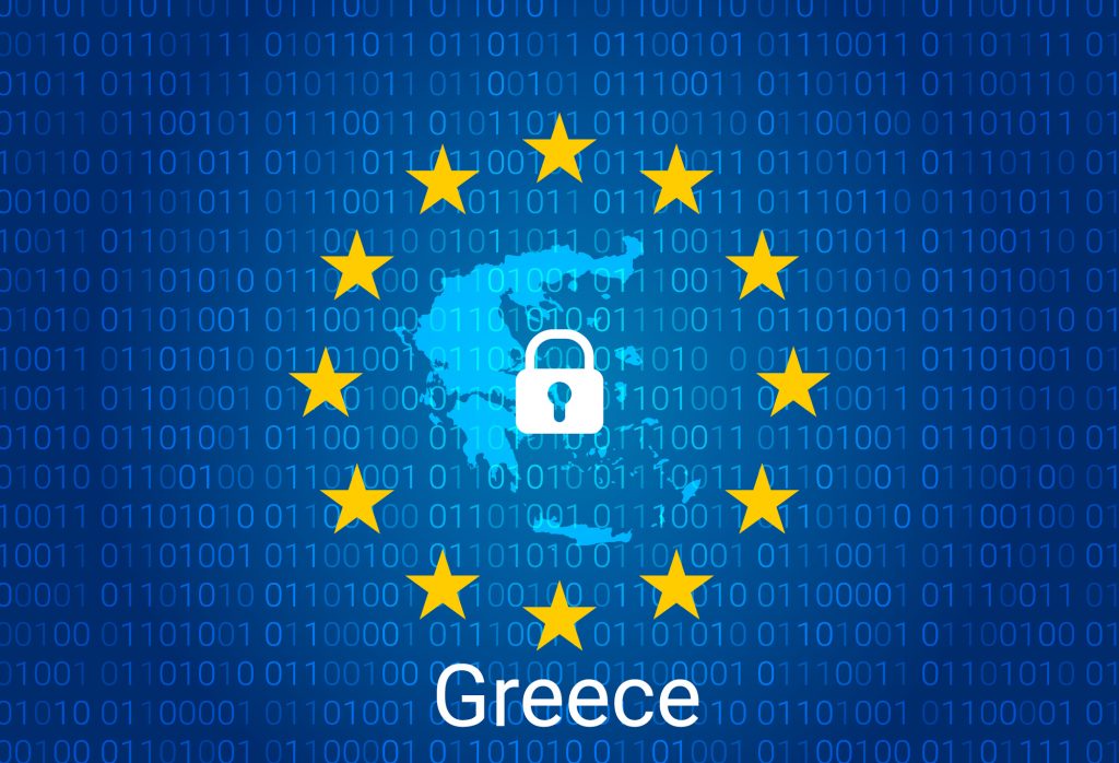Map of Greece, with lock and binary code background. europe union internet blocking, virus attack, privacy protect. International IP Enforcement Summit 2025